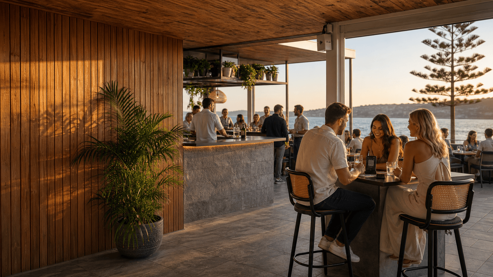 Warm waterfront venue atmosphere behind the VenueOps homepage hero